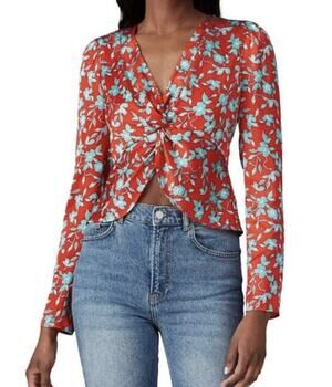Love, Whit by Whitney Floral Long Sleeve Crop Satin V Neck Top Size Medium Red